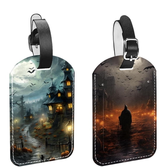 Square 2Pack PU Leather Happy Halloween Cruise Luggage Tag with Privacy Cover and Name ID Tag for Travel Handbags Backpacks Luggage Tags