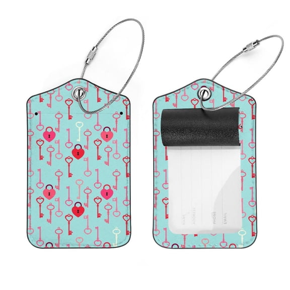 Square 2Pack PU Leather Heart Lock and Key Cruise Luggage Tag with Privacy Cover and Stainless Steel Ring - Suitable for Travel Handbags Backpacks Luggage Tags