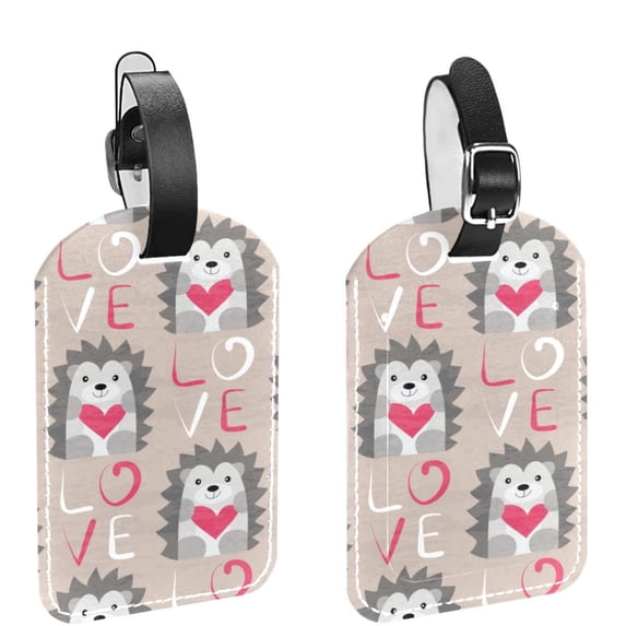 Square 2Pack PU Leather Hedgehog with Heart Cruise Luggage Tag with Privacy Cover and Name ID Tag for Travel Handbags Backpacks Luggage Tags