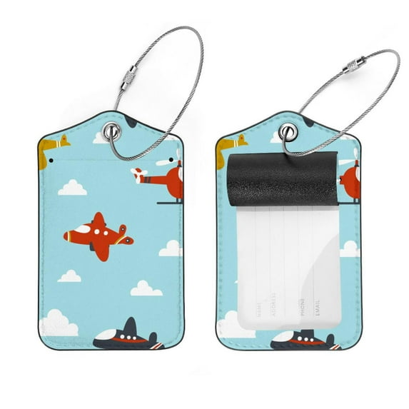 Square 2Pack PU Leather Helicopter Airplane Cruise Luggage Tag with Privacy Cover and Stainless Steel Ring - Suitable for Travel Handbags Backpacks Luggage Tags