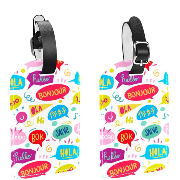 Square 2Pack PU Leather Hello Different Language Cruise Luggage Tag with Privacy Cover and Name ID Tag for Travel Handbags Backpacks Luggage Tags
