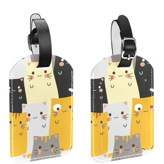 Square 2Pack PU Leather Hipster Cat Face Cruise Luggage Tag with Privacy Cover and Name ID Tag for Travel Handbags Backpacks Luggage Tags