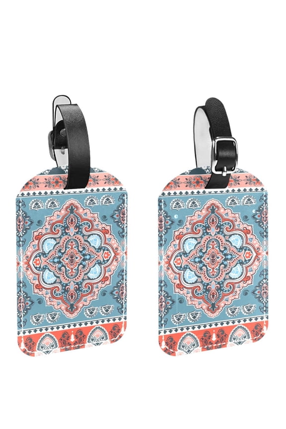 Square 2Pack PU Leather Indian Ethnic Mandala Cruise Luggage Tag with Privacy Cover and Name ID Tag for Travel Handbags Backpacks Luggage Tags