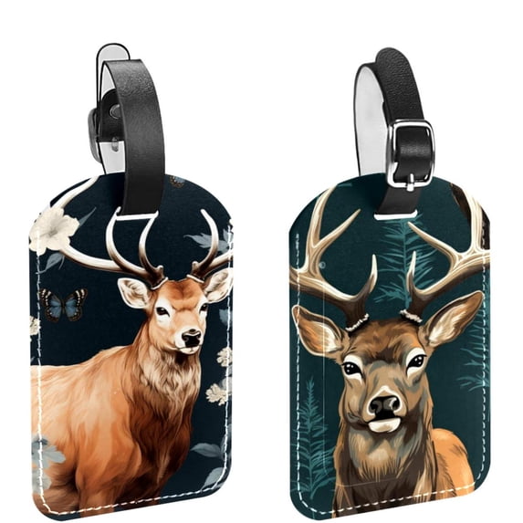 Square 2Pack PU Leather Jungle Elk Cruise Luggage Tag with Privacy Cover and Name ID Tag for Travel Handbags Backpacks Luggage Tags