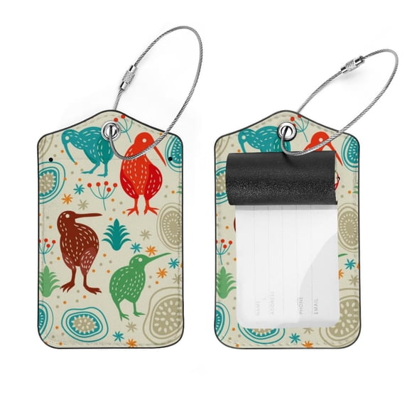 Square 2Pack PU Leather Kiwi Bird Animal Cruise Luggage Tag with Privacy Cover and Stainless Steel Ring - Suitable for Travel Handbags Backpacks Luggage Tags