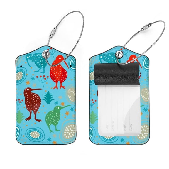 Square 2Pack PU Leather Kiwi Bird Blue Animal Cruise Luggage Tag with Privacy Cover and Stainless Steel Ring - Suitable for Travel Handbags Backpacks Luggage Tags