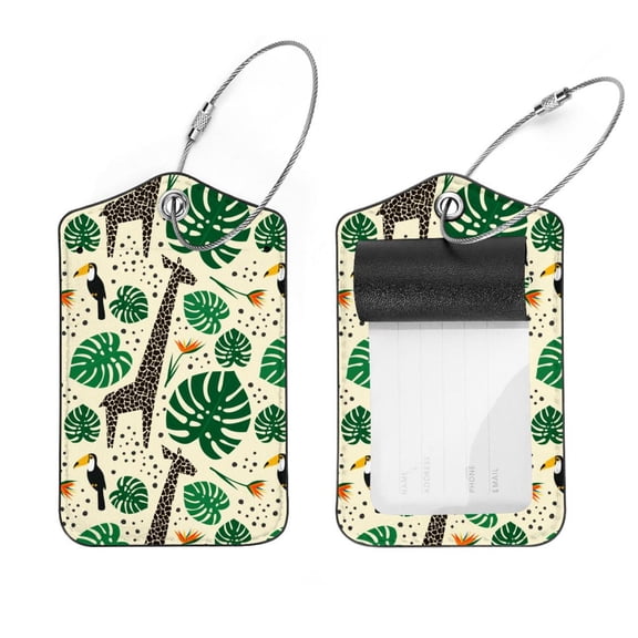 Square 2Pack PU Leather Leaf Giraffe Toucan Cruise Luggage Tag with Privacy Cover and Stainless Steel Ring - Suitable for Travel Handbags Backpacks Luggage Tags