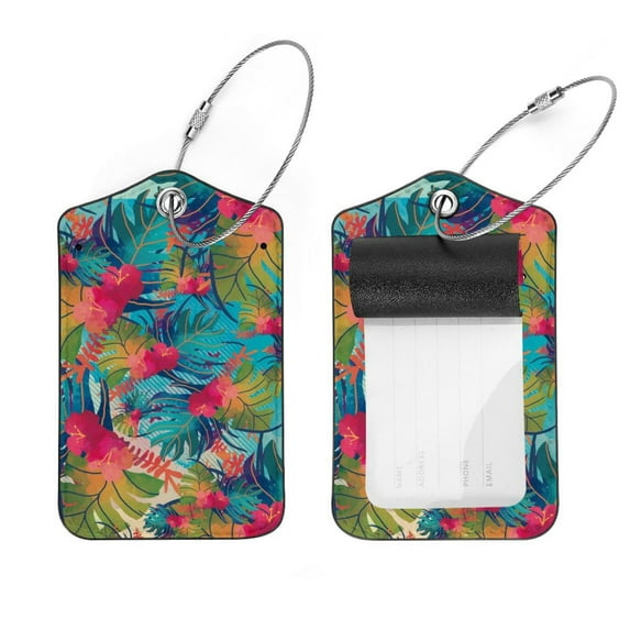 Square 2Pack PU Leather Leaves Tropical Cruise Luggage Tag with Privacy Cover and Stainless Steel Ring - Suitable for Travel Handbags Backpacks Luggage Tags