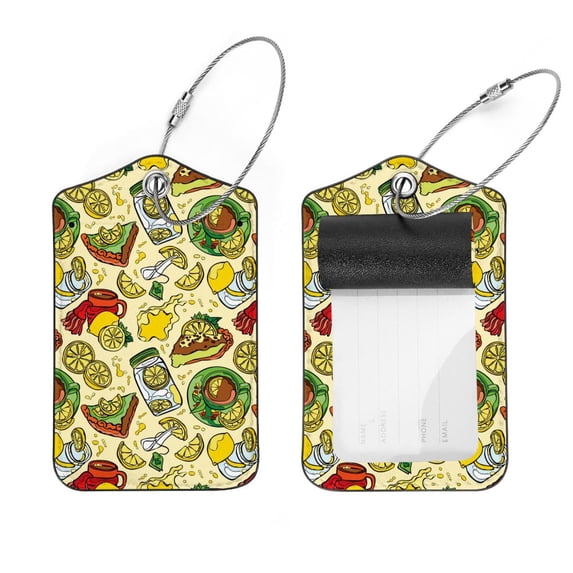 Square 2Pack PU Leather Lemon Afternoon Tea Cruise Luggage Tag with Privacy Cover and Stainless Steel Ring - Suitable for Travel Handbags Backpacks Luggage Tags