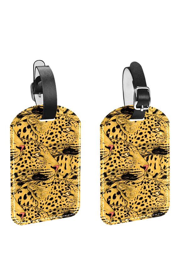 Square 2Pack PU Leather Leopard Face Cruise Luggage Tag with Privacy Cover and Name ID Tag for Travel Handbags Backpacks Luggage Tags