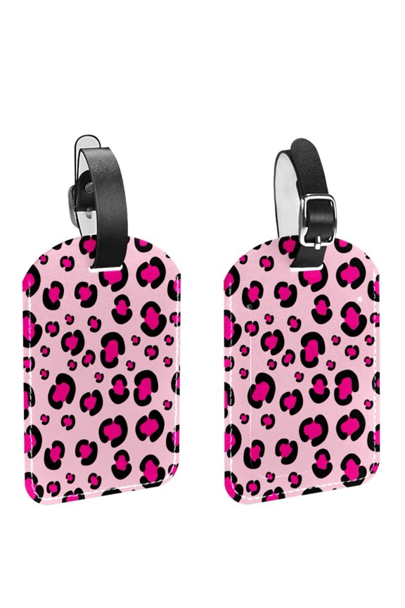 Square 2Pack PU Leather Leopard Print Cruise Luggage Tag with Privacy Cover and Name ID Tag for Travel Handbags Backpacks Luggage Tags