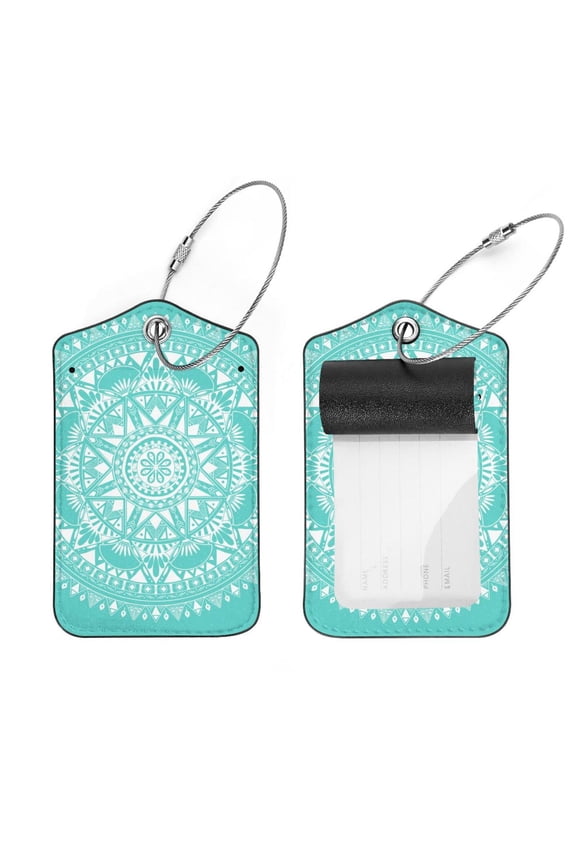 Square 2Pack PU Leather Mandala Boho Indian Cruise Luggage Tag with Privacy Cover and Stainless Steel Ring - Suitable for Travel Handbags Backpacks Luggage Tags