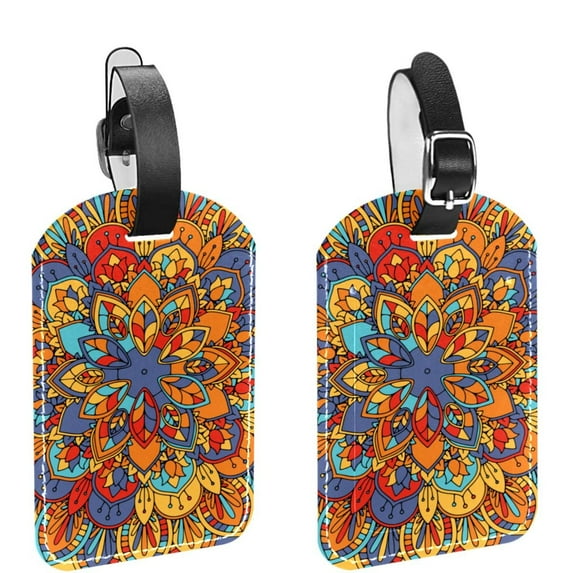 Square 2Pack PU Leather Mandala Psychedelic Cruise Luggage Tag with Privacy Cover and Name ID Tag for Travel Handbags Backpacks Luggage Tags