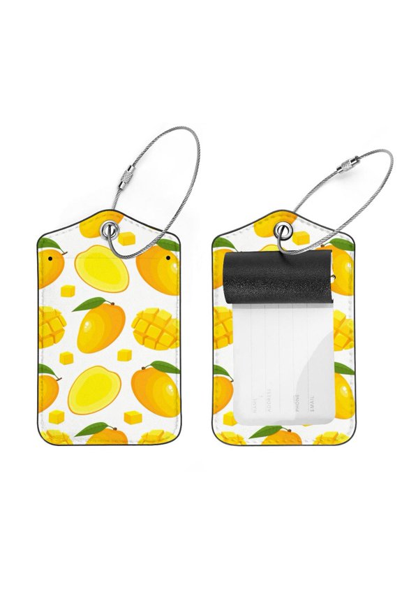 Square 2Pack PU Leather Mango Yellow Fruit Cruise Luggage Tag with Privacy Cover and Stainless Steel Ring - Suitable for Travel Handbags Backpacks Luggage Tags