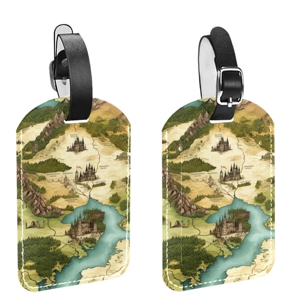 Square 2Pack PU Leather Map Cruise Luggage Tag with Privacy Cover and Name ID Tag for Travel Handbags Backpacks Luggage Tags