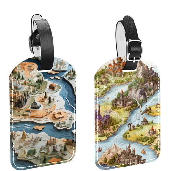 Square 2Pack PU Leather Map Cruise Luggage Tag with Privacy Cover and Name ID Tag for Travel Handbags Backpacks Luggage Tags