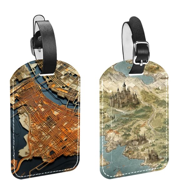 Square 2Pack PU Leather Map Cruise Luggage Tag with Privacy Cover and Name ID Tag for Travel Handbags Backpacks Luggage Tags
