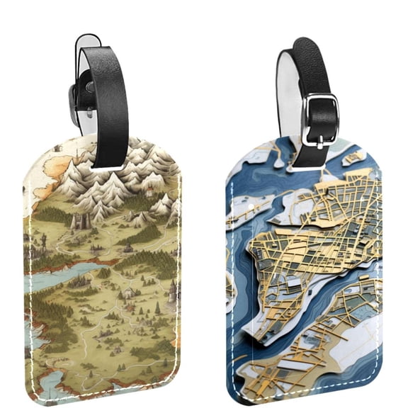 Square 2Pack PU Leather Map Cruise Luggage Tag with Privacy Cover and Name ID Tag for Travel Handbags Backpacks Luggage Tags