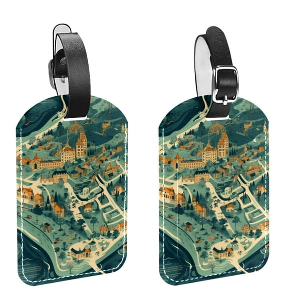 Square 2Pack PU Leather Map Cruise Luggage Tag with Privacy Cover and Name ID Tag for Travel Handbags Backpacks Luggage Tags