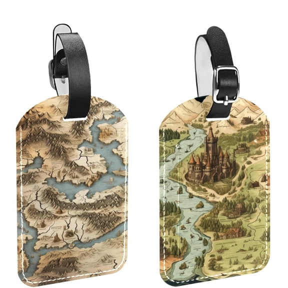 Square 2Pack PU Leather Map Cruise Luggage Tag with Privacy Cover and Name ID Tag for Travel Handbags Backpacks Luggage Tags