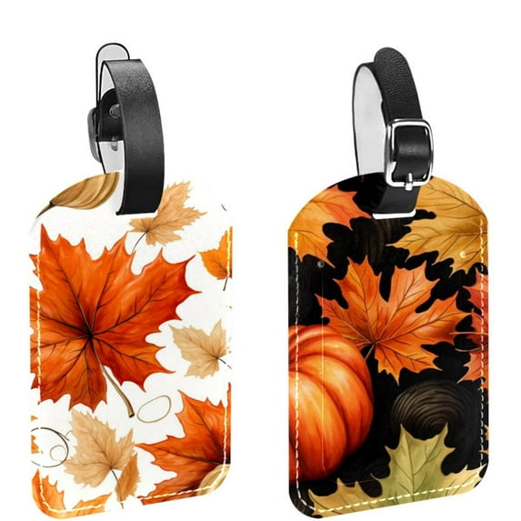Square 2Pack PU Leather Maple Leaf Pumpkin Cruise Luggage Tag with Privacy Cover and Name ID Tag for Travel Handbags Backpacks Luggage Tags
