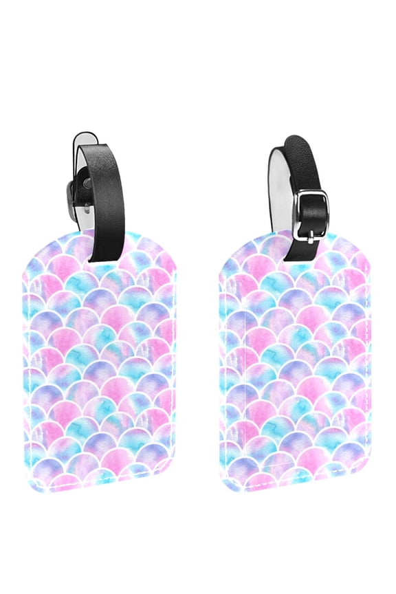 Square 2Pack PU Leather Mermaid Scale Pink Cruise Luggage Tag with Privacy Cover and Name ID Tag for Travel Handbags Backpacks Luggage Tags