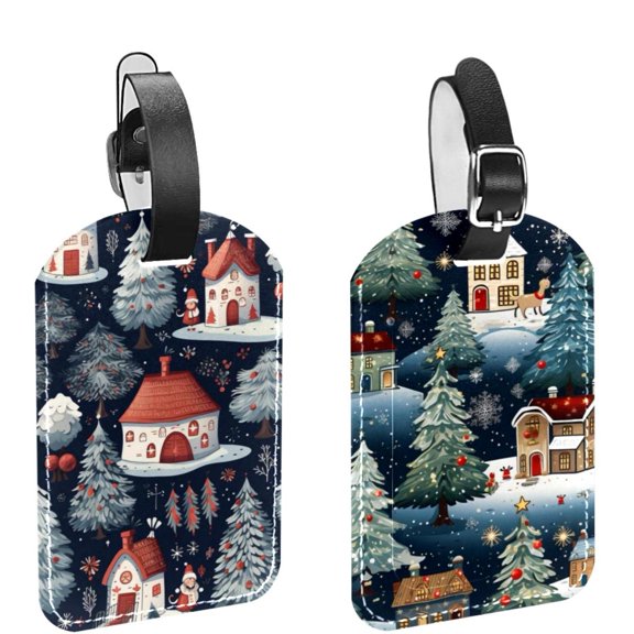 Square 2Pack PU Leather Merry Chrismas Cruise Luggage Tag with Privacy Cover and Name ID Tag for Travel Handbags Backpacks Luggage Tags