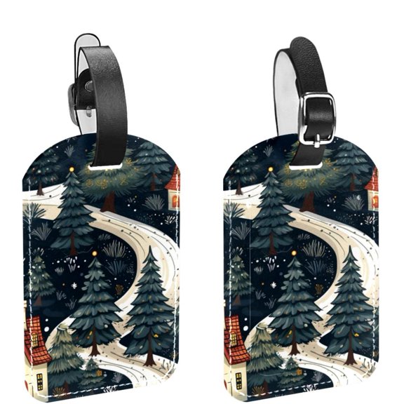 Square 2Pack PU Leather Merry Chrismas Cruise Luggage Tag with Privacy Cover and Name ID Tag for Travel Handbags Backpacks Luggage Tags