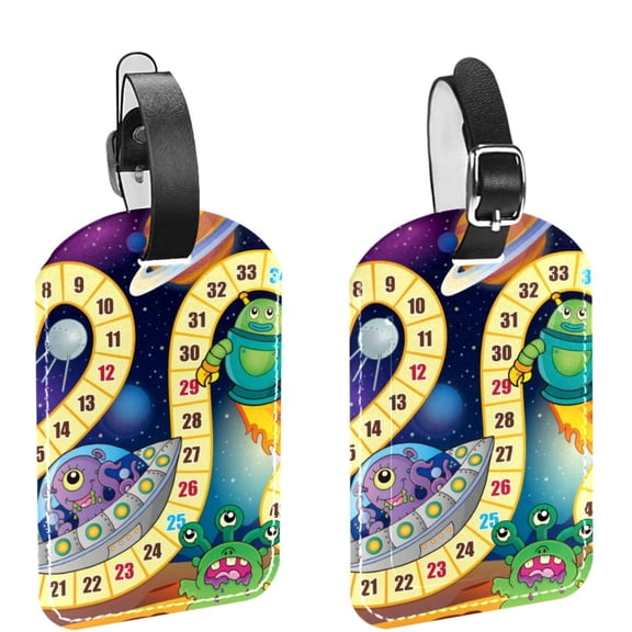 Square 2Pack PU Leather Monster Rocket Alien Cruise Luggage Tag with Privacy Cover and Name ID Tag for Travel Handbags Backpacks Luggage Tags