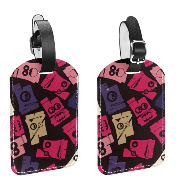 Square 2Pack PU Leather Monsters Old Cruise Luggage Tag with Privacy Cover and Name ID Tag for Travel Handbags Backpacks Luggage Tags