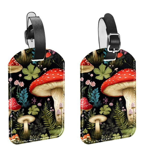 Square 2Pack PU Leather Mushroom Cruise Luggage Tag with Privacy Cover and Name ID Tag for Travel Handbags Backpacks Luggage Tags