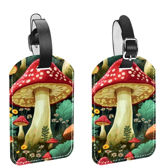 Square 2Pack PU Leather Mushroom Cruise Luggage Tag with Privacy Cover and Name ID Tag for Travel Handbags Backpacks Luggage Tags