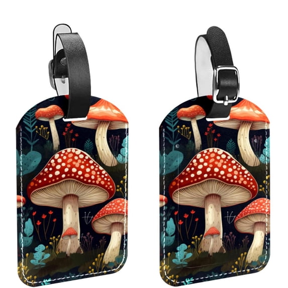 Square 2Pack PU Leather Mushroom Cruise Luggage Tag with Privacy Cover and Name ID Tag for Travel Handbags Backpacks Luggage Tags