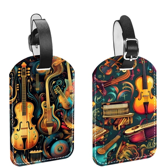 Square 2Pack PU Leather Musical Instrument Cruise Luggage Tag with Privacy Cover and Name ID Tag for Travel Handbags Backpacks Luggage Tags