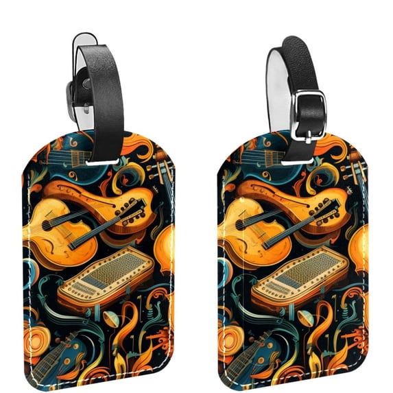 Square 2Pack PU Leather Musical Instrument Cruise Luggage Tag with Privacy Cover and Name ID Tag for Travel Handbags Backpacks Luggage Tags