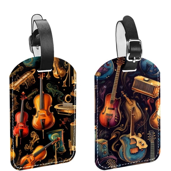 Square 2Pack PU Leather Musical Instrument Cruise Luggage Tag with Privacy Cover and Name ID Tag for Travel Handbags Backpacks Luggage Tags