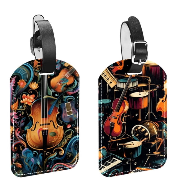 Square 2Pack PU Leather Musical Instrument Cruise Luggage Tag with Privacy Cover and Name ID Tag for Travel Handbags Backpacks Luggage Tags