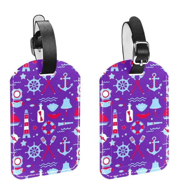 Square 2Pack PU Leather Nautical Purple Cruise Luggage Tag with Privacy Cover and Name ID Tag for Travel Handbags Backpacks Luggage Tags