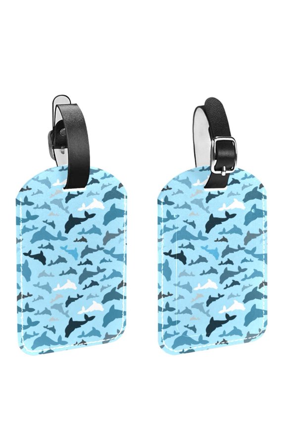 Square 2Pack PU Leather Navy Dolphins Cruise Luggage Tag with Privacy Cover and Name ID Tag for Travel Handbags Backpacks Luggage Tags