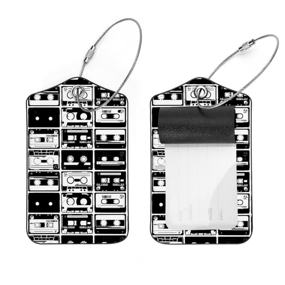 Square 2Pack PU Leather Old Retro Autio Tapes Cruise Luggage Tag with Privacy Cover and Stainless Steel Ring - Suitable for Travel Handbags Backpacks Luggage Tags