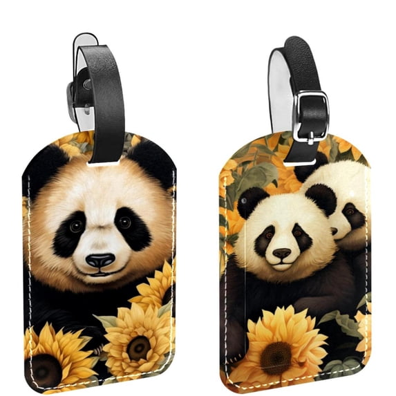 Square 2Pack PU Leather Panda Sunflower Cruise Luggage Tag with Privacy Cover and Name ID Tag for Travel Handbags Backpacks Luggage Tags
