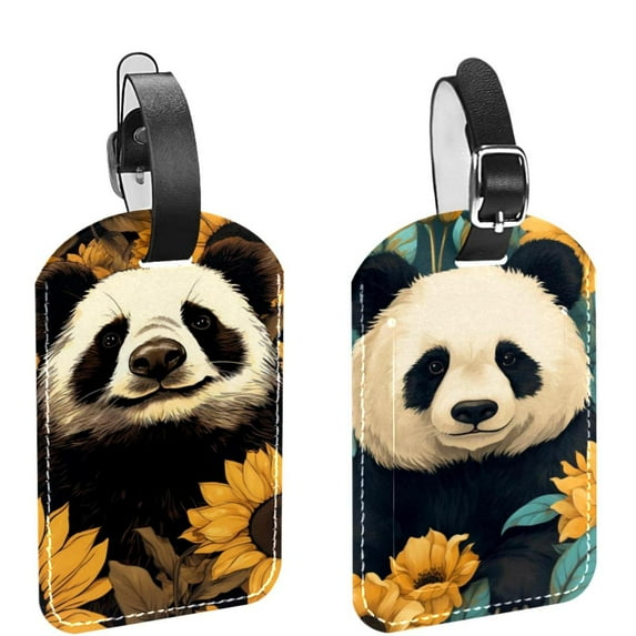 Square 2Pack PU Leather Panda Sunflower Cruise Luggage Tag with Privacy Cover and Name ID Tag for Travel Handbags Backpacks Luggage Tags