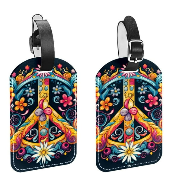 Square 2Pack PU Leather Peace Sign Cruise Luggage Tag with Privacy Cover and Name ID Tag for Travel Handbags Backpacks Luggage Tags