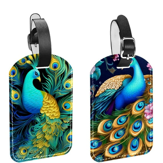 Square 2Pack PU Leather Peacock Cruise Luggage Tag with Privacy Cover and Name ID Tag for Travel Handbags Backpacks Luggage Tags
