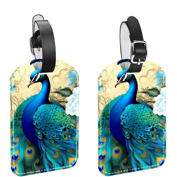 Square 2Pack PU Leather Peacock Cruise Luggage Tag with Privacy Cover and Name ID Tag for Travel Handbags Backpacks Luggage Tags