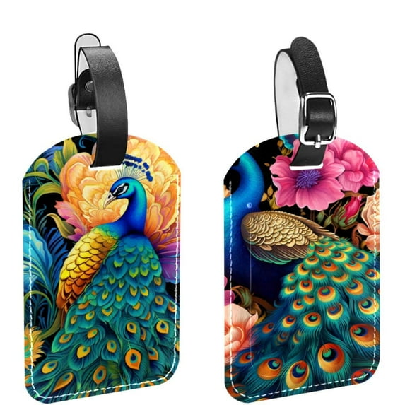 Square 2Pack PU Leather Peacock Cruise Luggage Tag with Privacy Cover and Name ID Tag for Travel Handbags Backpacks Luggage Tags