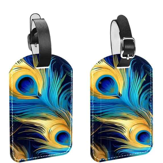 Square 2Pack PU Leather Peacock Feather Cruise Luggage Tag with Privacy Cover and Name ID Tag for Travel Handbags Backpacks Luggage Tags