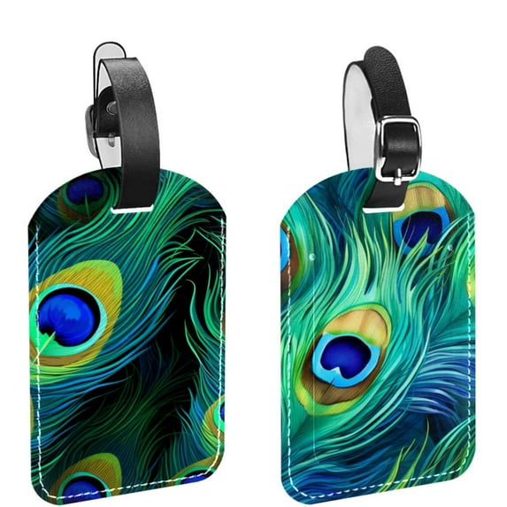 Square 2Pack PU Leather Peacock Feather Cruise Luggage Tag with Privacy Cover and Name ID Tag for Travel Handbags Backpacks Luggage Tags
