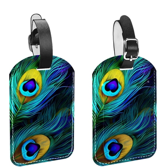 Square 2Pack PU Leather Peacock Feather Cruise Luggage Tag with Privacy Cover and Name ID Tag for Travel Handbags Backpacks Luggage Tags