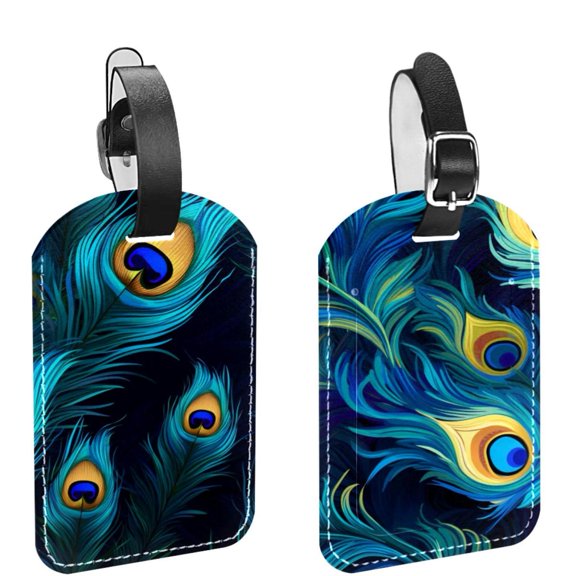 Square 2Pack PU Leather Peacock Feather Cruise Luggage Tag with Privacy Cover and Name ID Tag for Travel Handbags Backpacks Luggage Tags